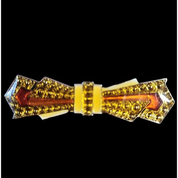 Vintage Art Deco Bow Brooch Pin Gold Tone Orange and Yellow Enamel - Picture 1 of 5